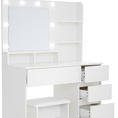 35" White Wood Five Drawer Vanity Table With Stool Mirror And Lights