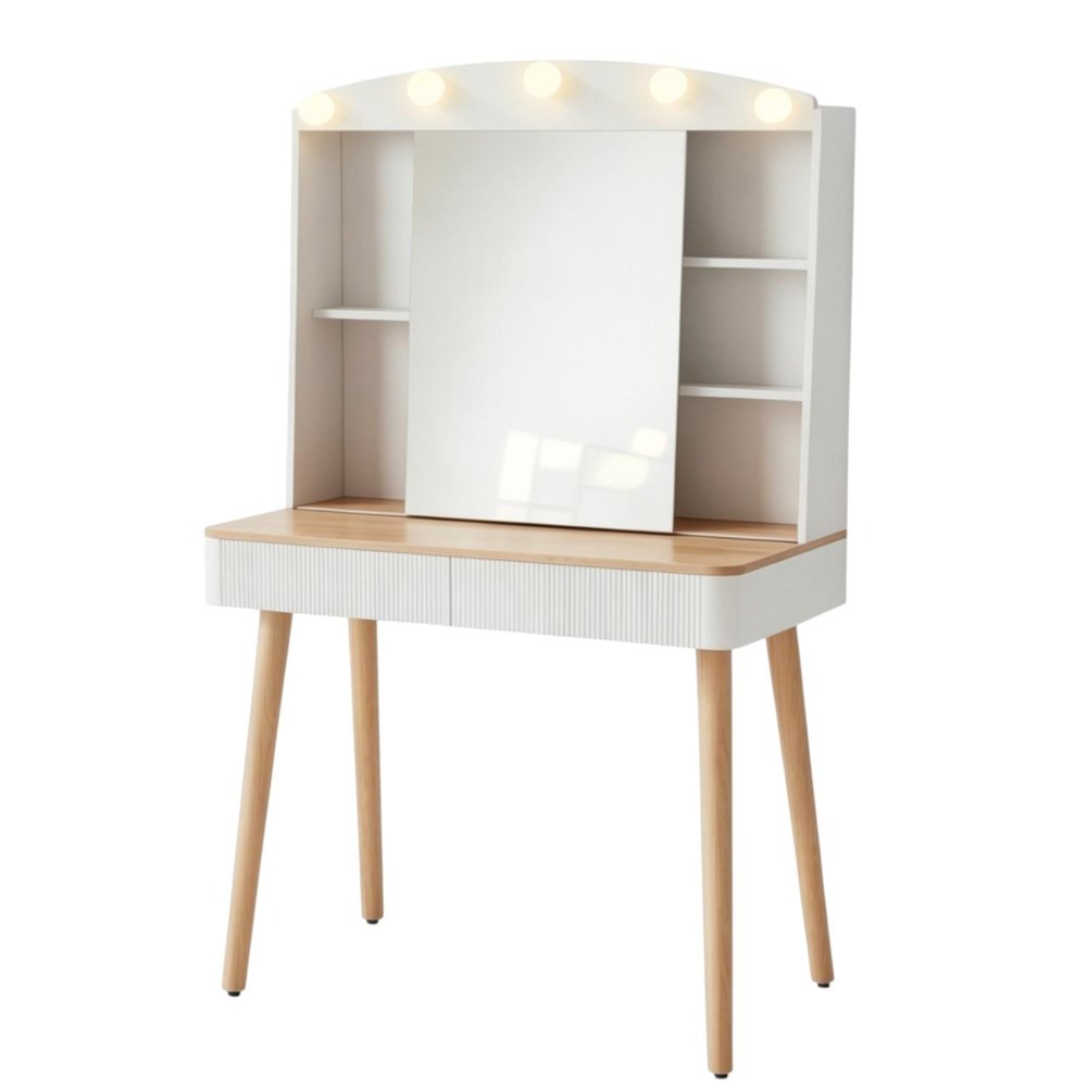 32" White Wood Mirrored Two Drawer Vanity Table