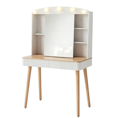 32" White Wood Mirrored Two Drawer Vanity Table
