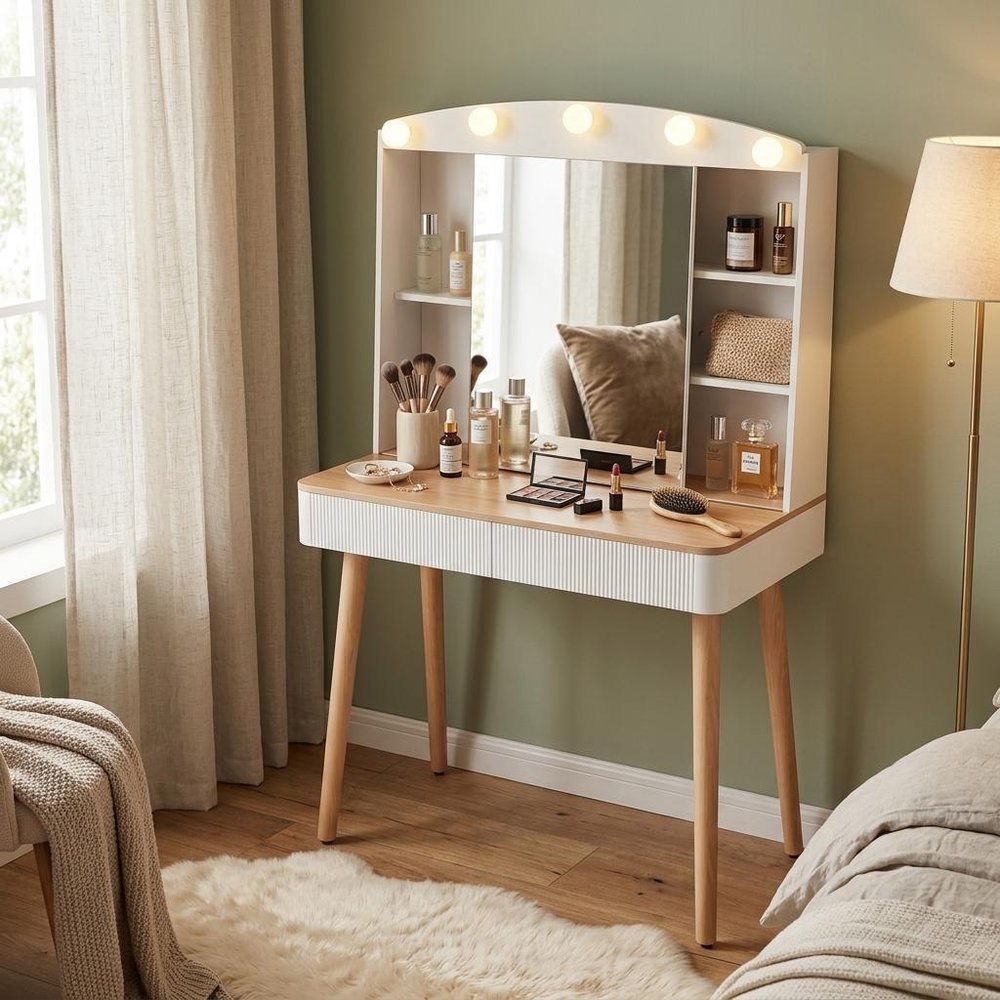 32" White Wood Mirrored Two Drawer Vanity Table