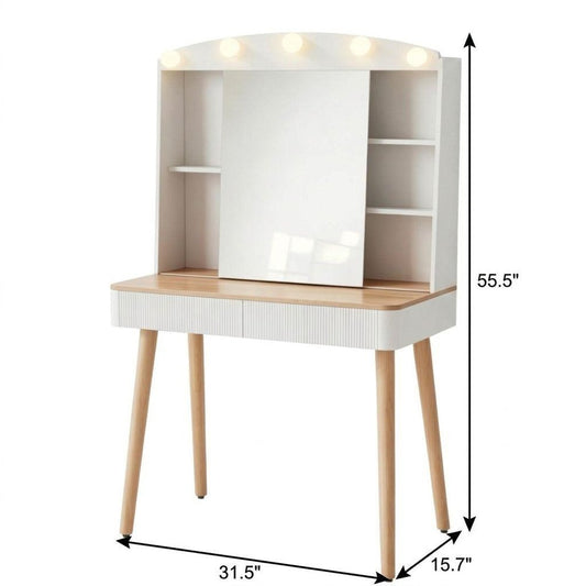 32" White Wood Mirrored Two Drawer Vanity Table