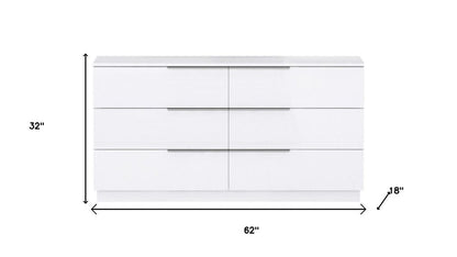 62" White Wood Six Drawer Double Dresser