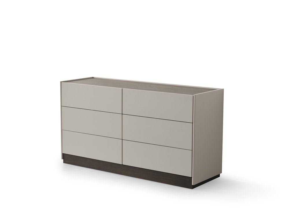 60" Light Gray And Walnut Wood Six Drawer Double Dresser