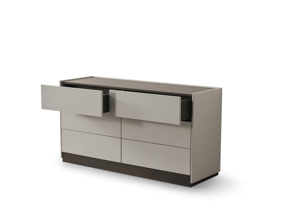 60" Light Gray And Walnut Wood Six Drawer Double Dresser