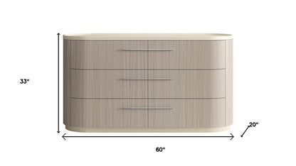 60" Beige And Oak Wood Six Drawer Double Dresser