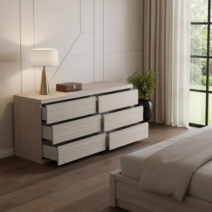 63" Oak Wood Six Drawer Double Dresser
