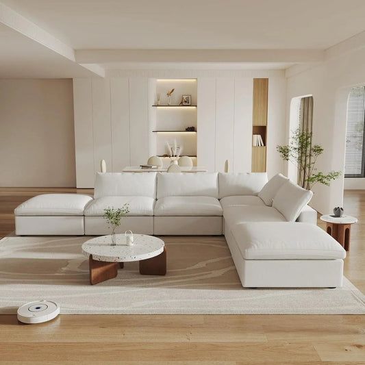 160" White Linen Blend Modular Armless Sofa With Ottomans And Storage