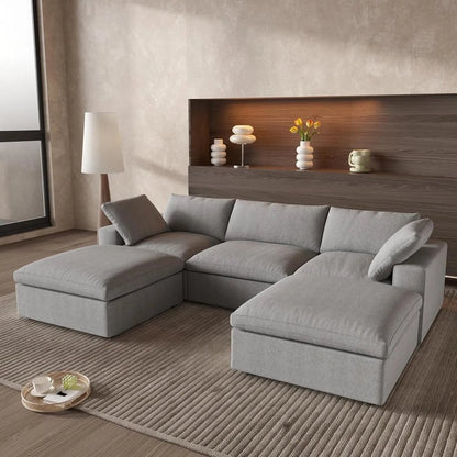 120" Light Gray Linen Blend Modular Universal Sofa With Ottoman And Storage