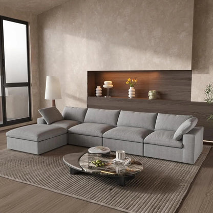 160" Light Gray Linen Blend Modular Universal Sofa With Ottoman And Storage