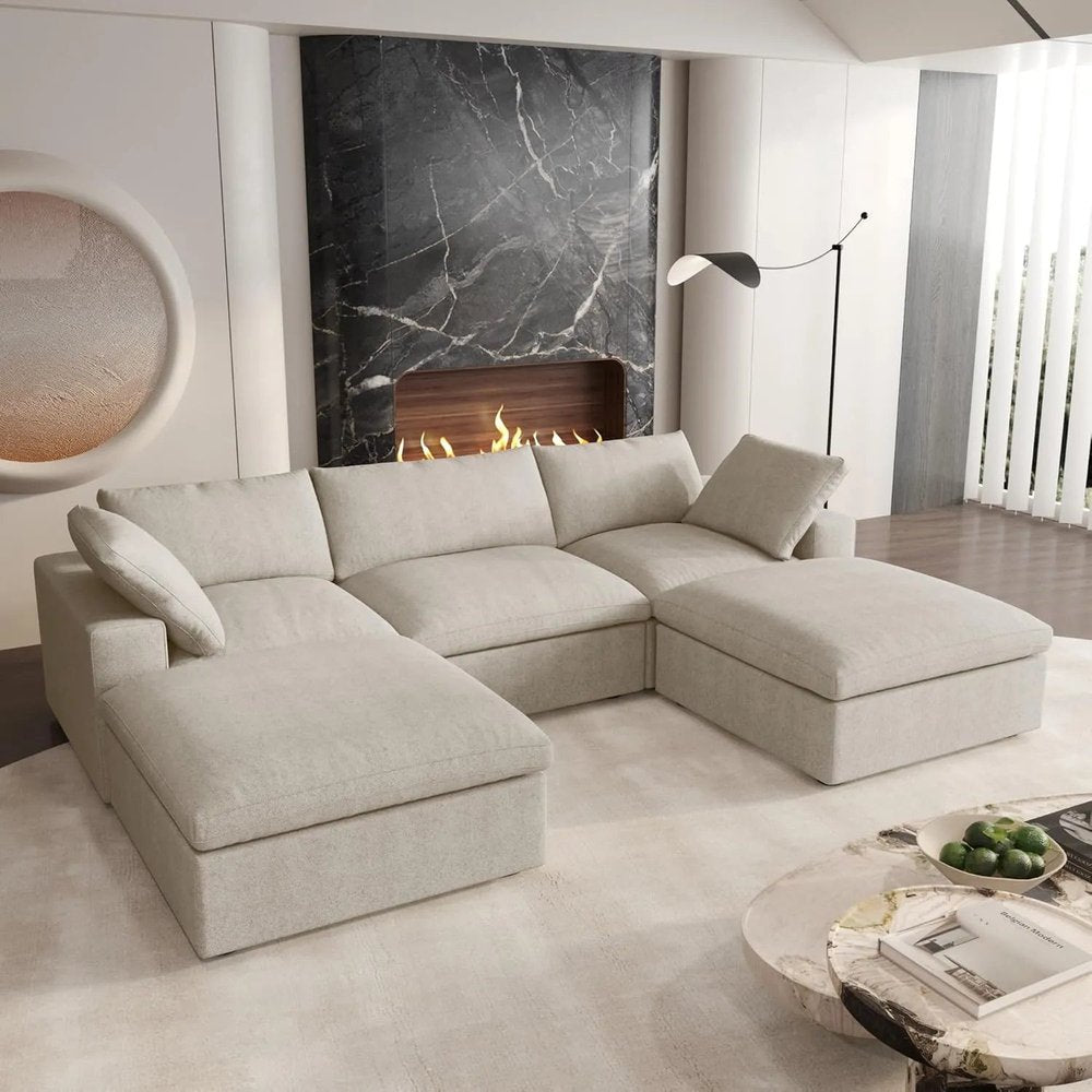 120" Beige Linen Blend Modular Sofa With Ottoman And Toss Pillows And Storage
