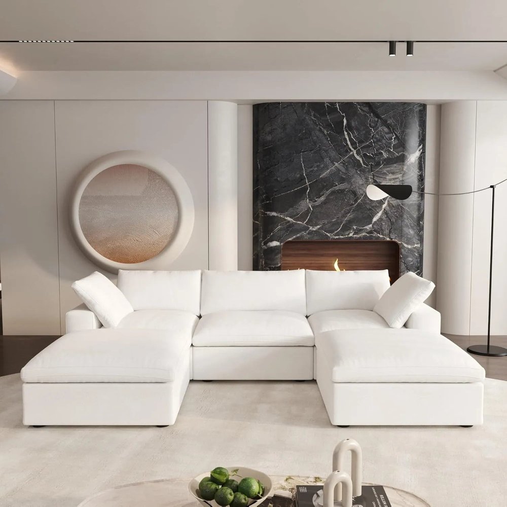 120" White Linen Blend Modular Universal Sofa With Ottoman And Storage