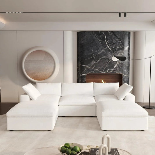 120" White Linen Blend Modular Universal Sofa With Ottoman And Storage