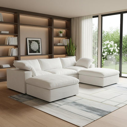 120" White Linen Blend Modular Universal Sofa With Ottoman And Storage