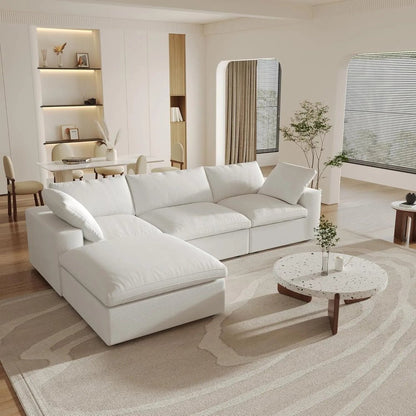 120" White Linen Blend Modular Universal Sofa With Ottoman And Storage