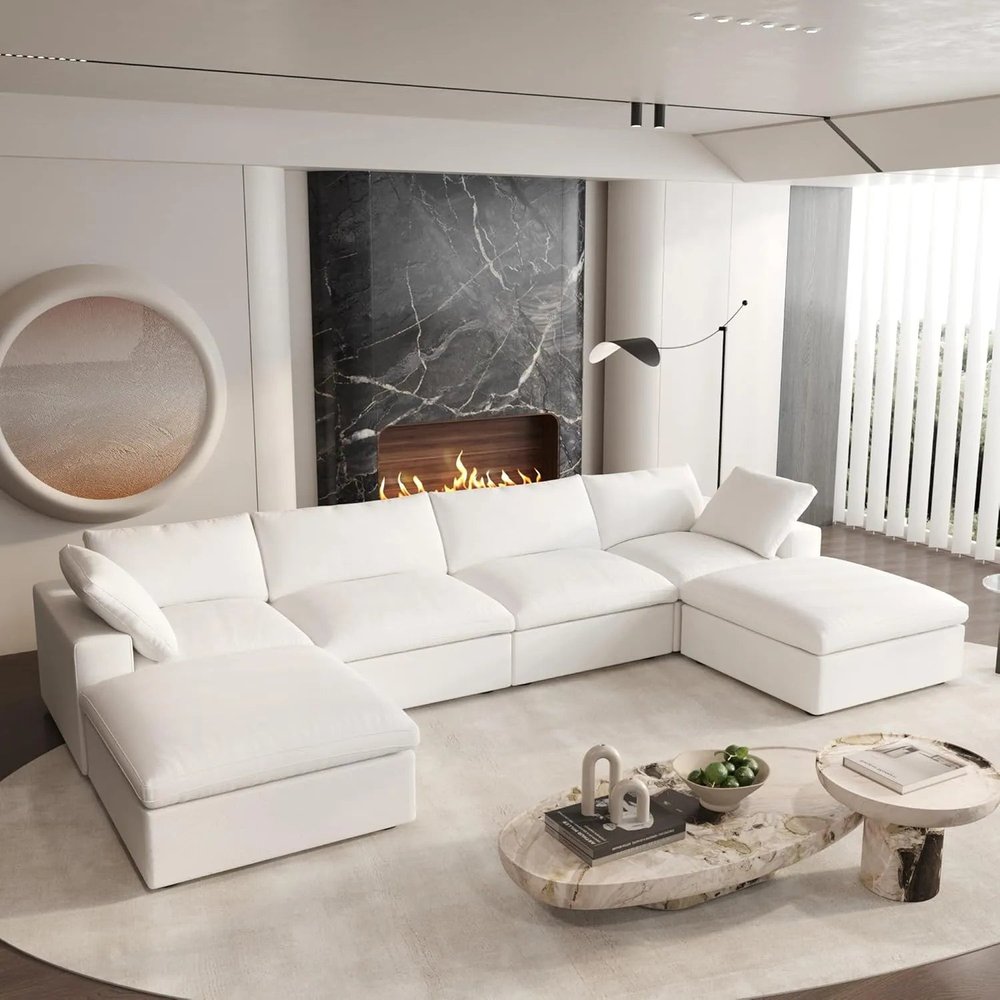 160" White Linen Blend Modular Sofa With Ottomans Toss Pillows And Storage