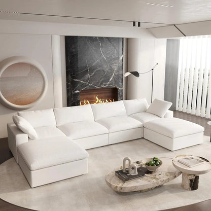 160" White Linen Blend Modular Sofa With Ottomans Toss Pillows And Storage