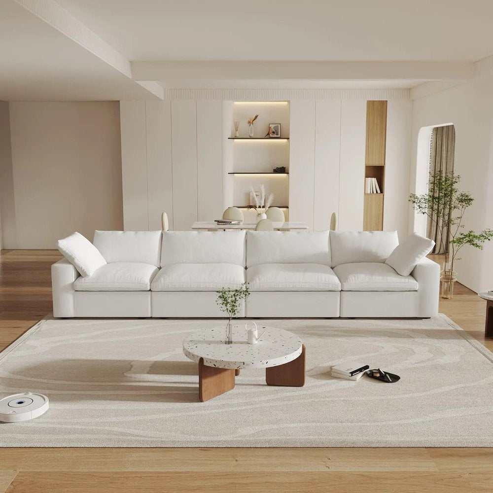 160" White Linen Blend Modular Sofa With Toss Pillows