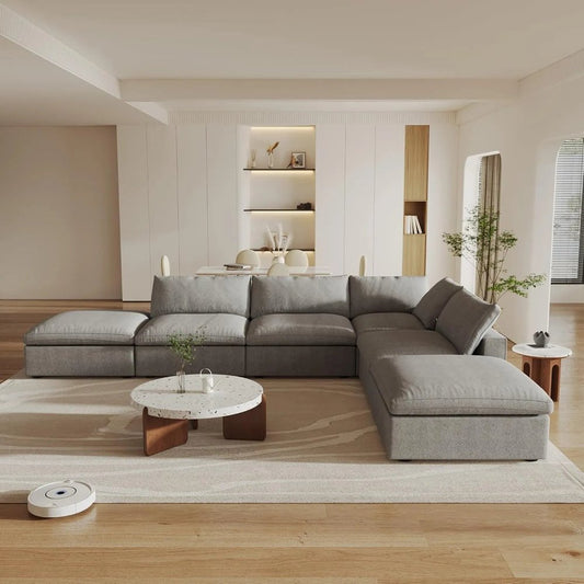 160" Light Gray Linen Blend Modular Armless Sofa With Ottomans And Storage