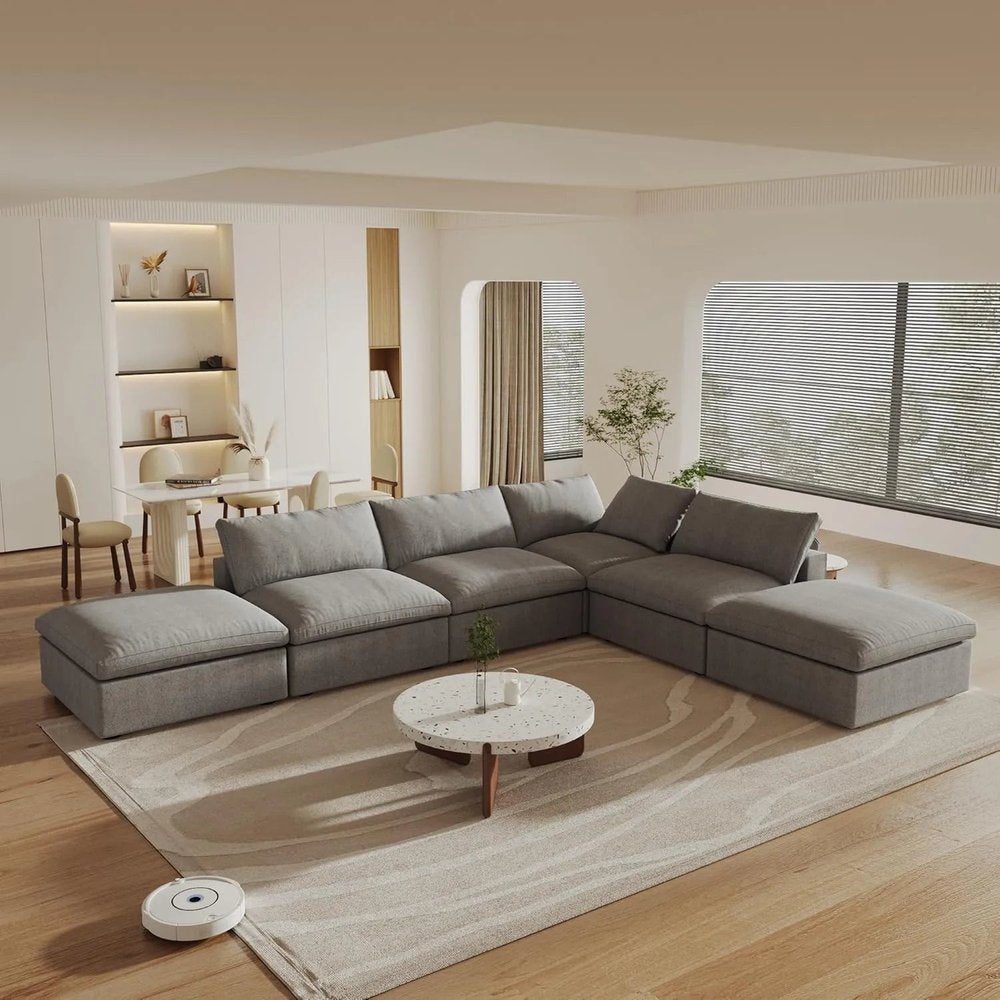 160" Light Gray Linen Blend Modular Armless Sofa With Ottomans And Storage