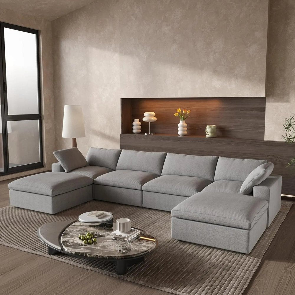 160" Light Gray Linen Blend Modular Sofa With Ottomans Toss Pillows And Storage