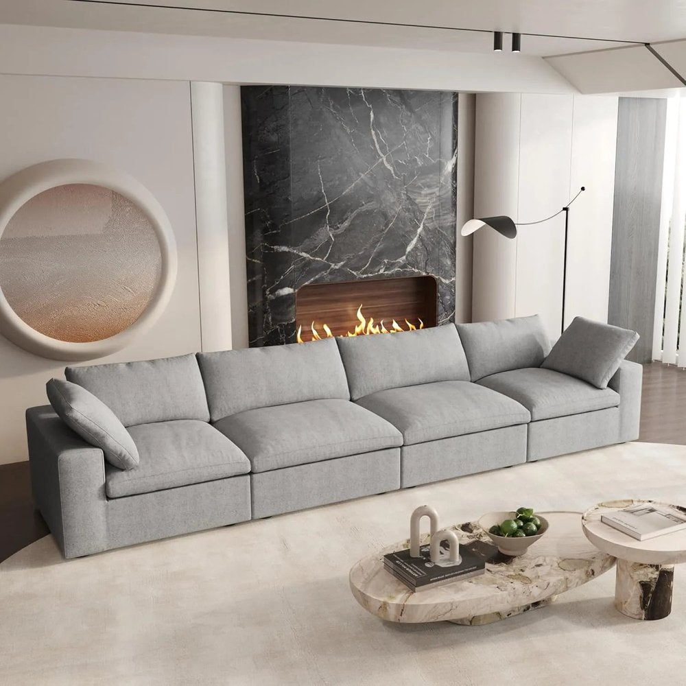 160" Light Gray Linen Blend Modular Sofa With Toss Pillows