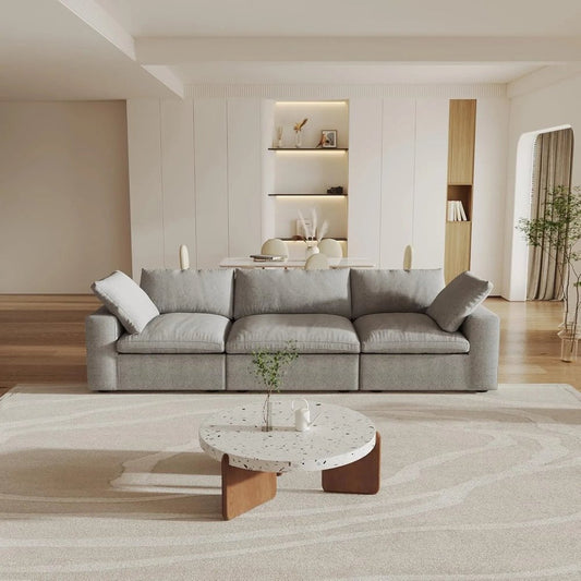 120" Light Gray Linen Blend Modular Sofa With Toss Pillows