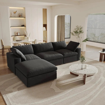 120" Black Linen Blend Modular Sofa With Ottoman And Storage