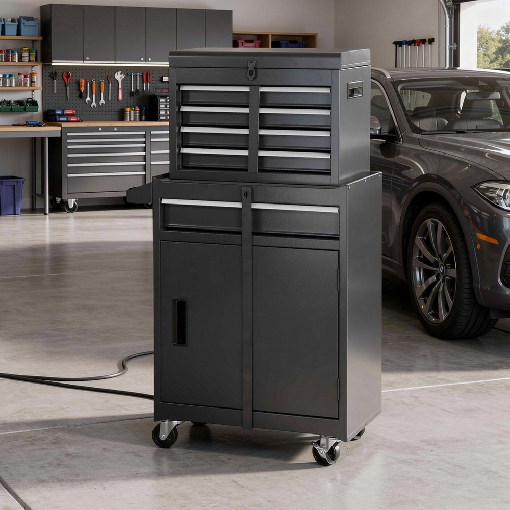 Set of Two Black Multi-Tier Steel Rolling Cabinet With Lid