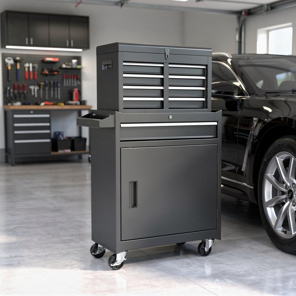 Set of Two Black Multi-Tier Steel Rolling Cabinet With Lid