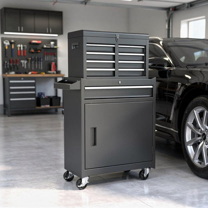 Set of Two Black Multi-Tier Steel Rolling Cabinet With Lid