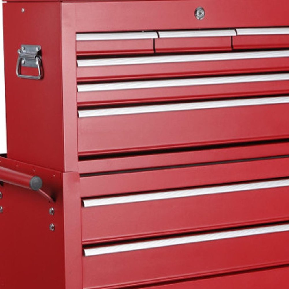 Set of Two Red Multi-Tier Steel Rolling Cabinet With Lid