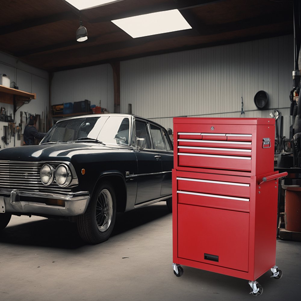 Set of Two Red Multi-Tier Steel Rolling Cabinet With Lid