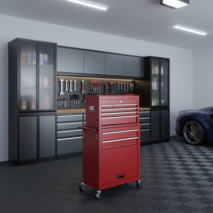 Set of Two Red Multi-Tier Steel Rolling Cabinet With Lid