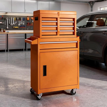 Set of Two Orange Multi-Tier Steel Rolling Cabinet With Lid