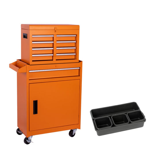 Set of Two Orange Multi-Tier Steel Rolling Cabinet With Lid