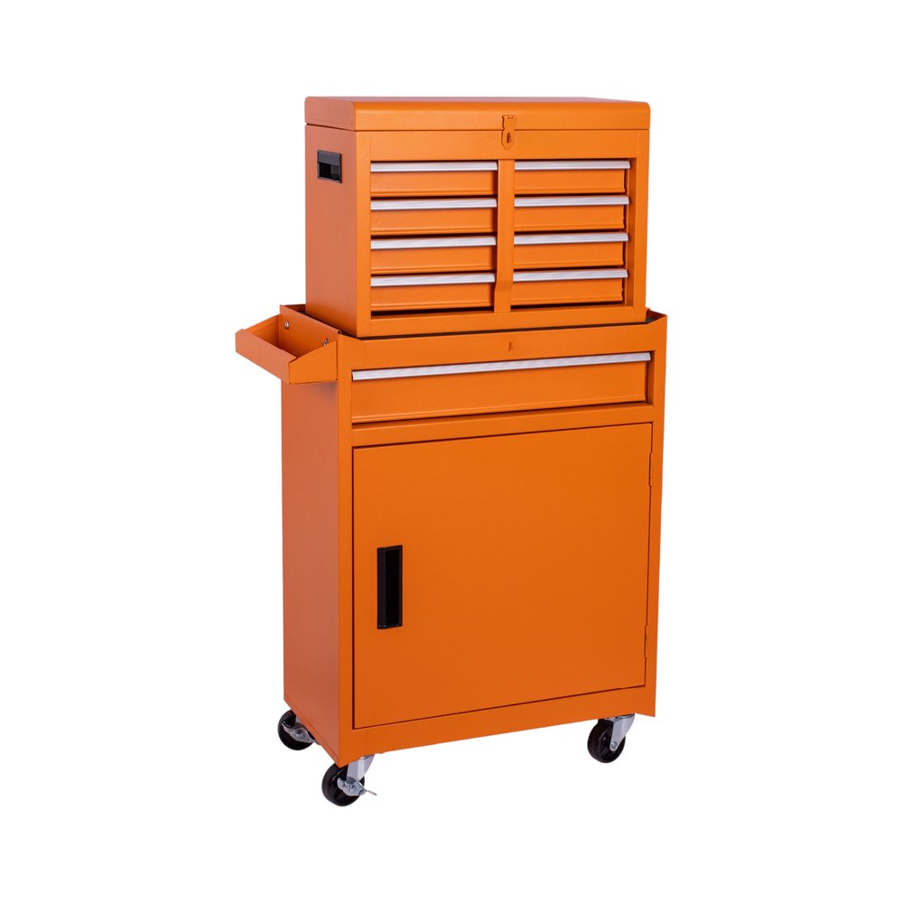 Set of Two Orange Multi-Tier Steel Rolling Cabinet With Lid