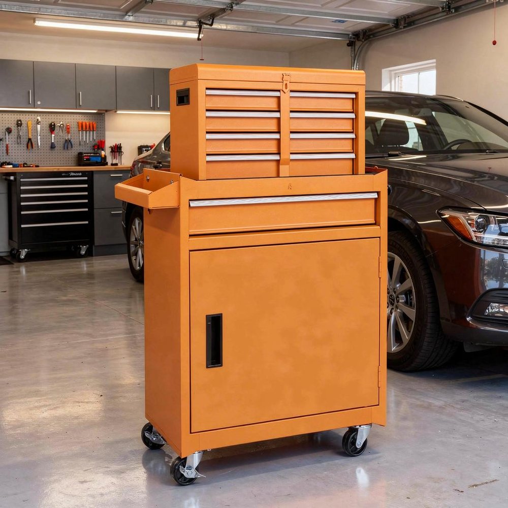 Set of Two Orange Multi-Tier Steel Rolling Cabinet With Lid