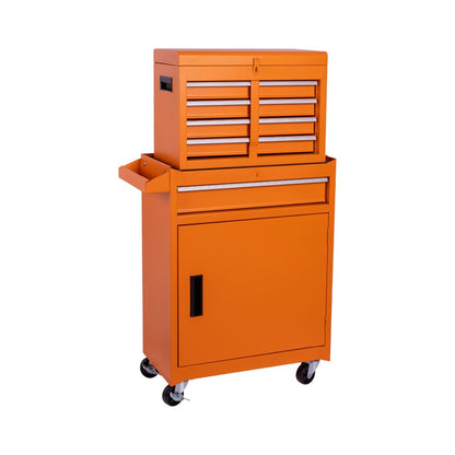 Set of Two Orange Multi-Tier Steel Rolling Cabinet With Lid