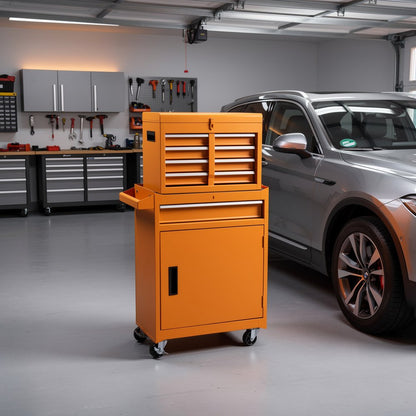 Set of Two Orange Multi-Tier Steel Rolling Cabinet With Lid