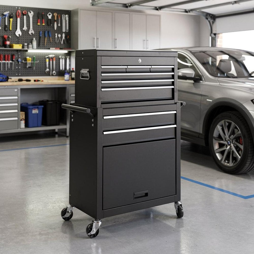 Set of Two Black Multi-Tier Steel Rolling Cabinet With Lid