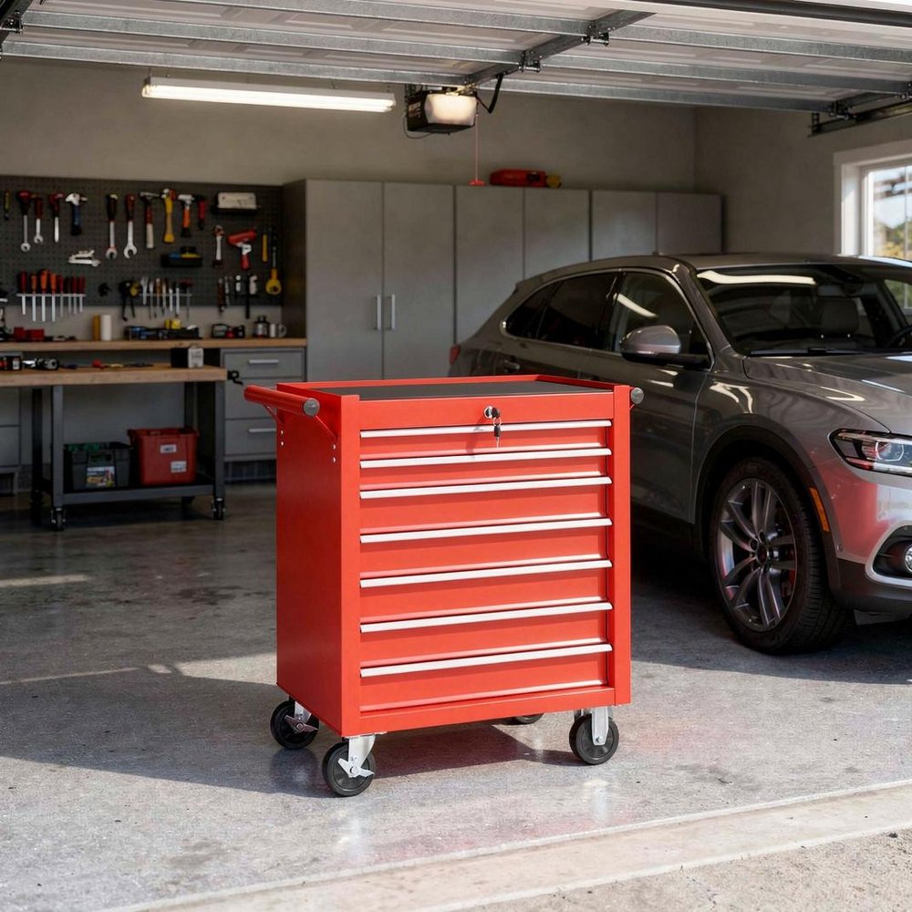 24" Red Multi-Tier Steel Rolling Cabinet With Lid