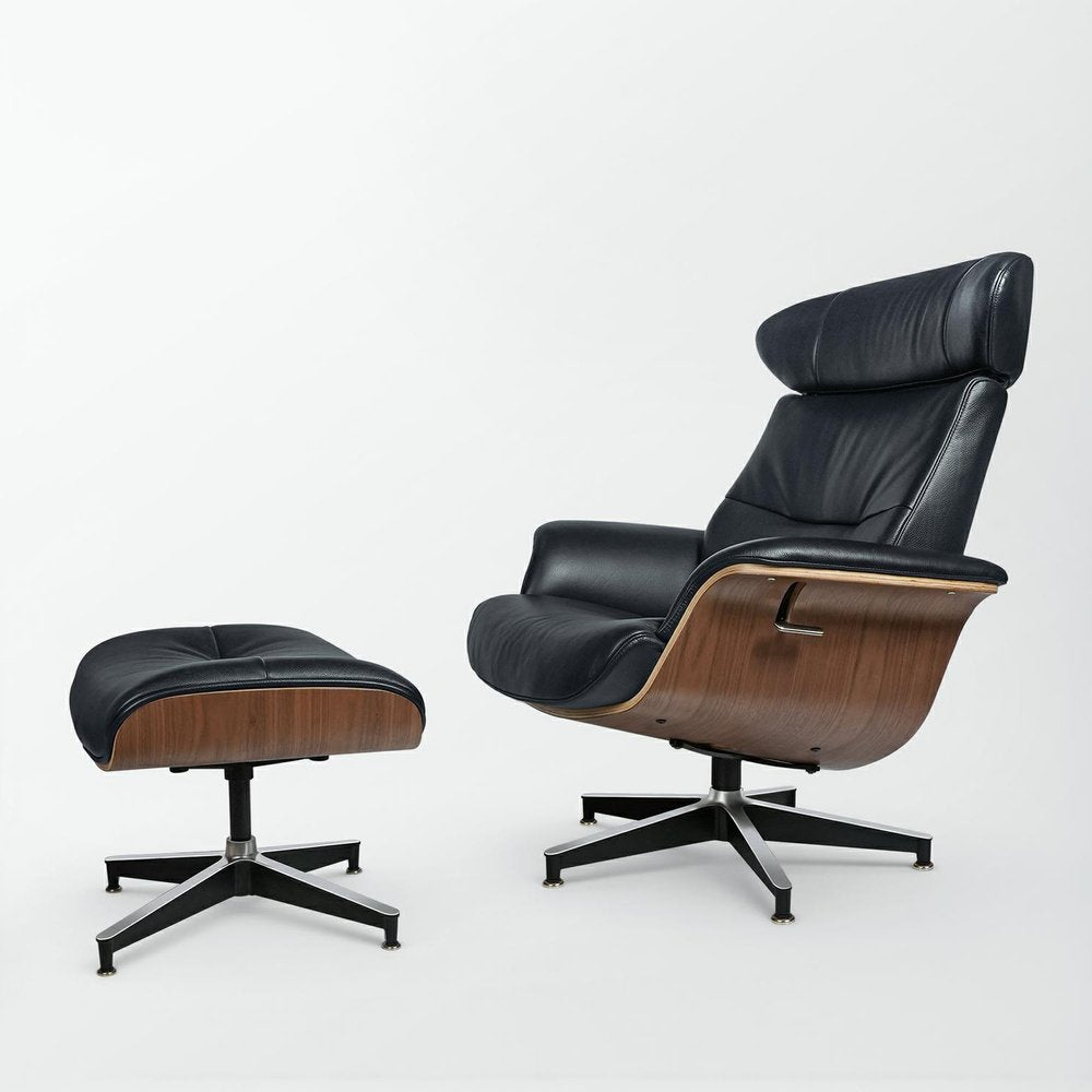 33" Black and Walnut Leather And Wood Swivel Lounge Chair With Ottoman