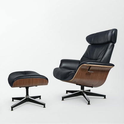 33" Black and Walnut Leather And Wood Swivel Lounge Chair With Ottoman