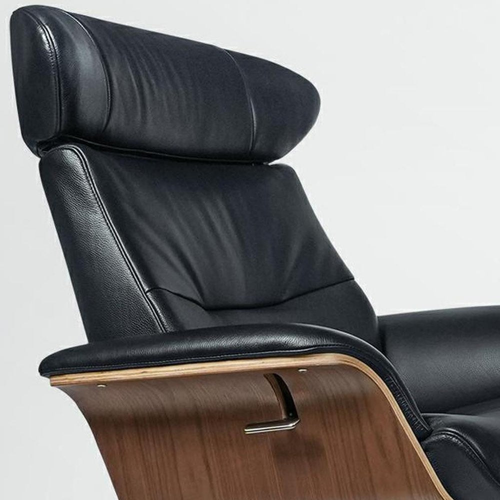 33" Black and Walnut Leather And Wood Swivel Lounge Chair With Ottoman