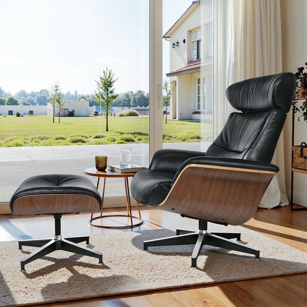 33" Black and Walnut Leather And Wood Swivel Lounge Chair With Ottoman
