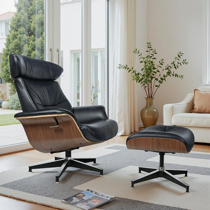 33" Black and Walnut Leather And Wood Swivel Lounge Chair With Ottoman