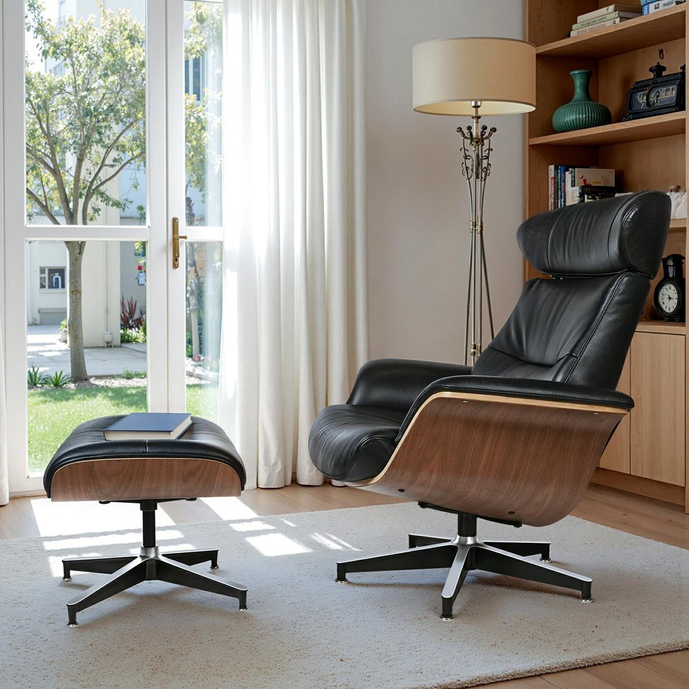 33" Black and Walnut Leather And Wood Swivel Lounge Chair With Ottoman