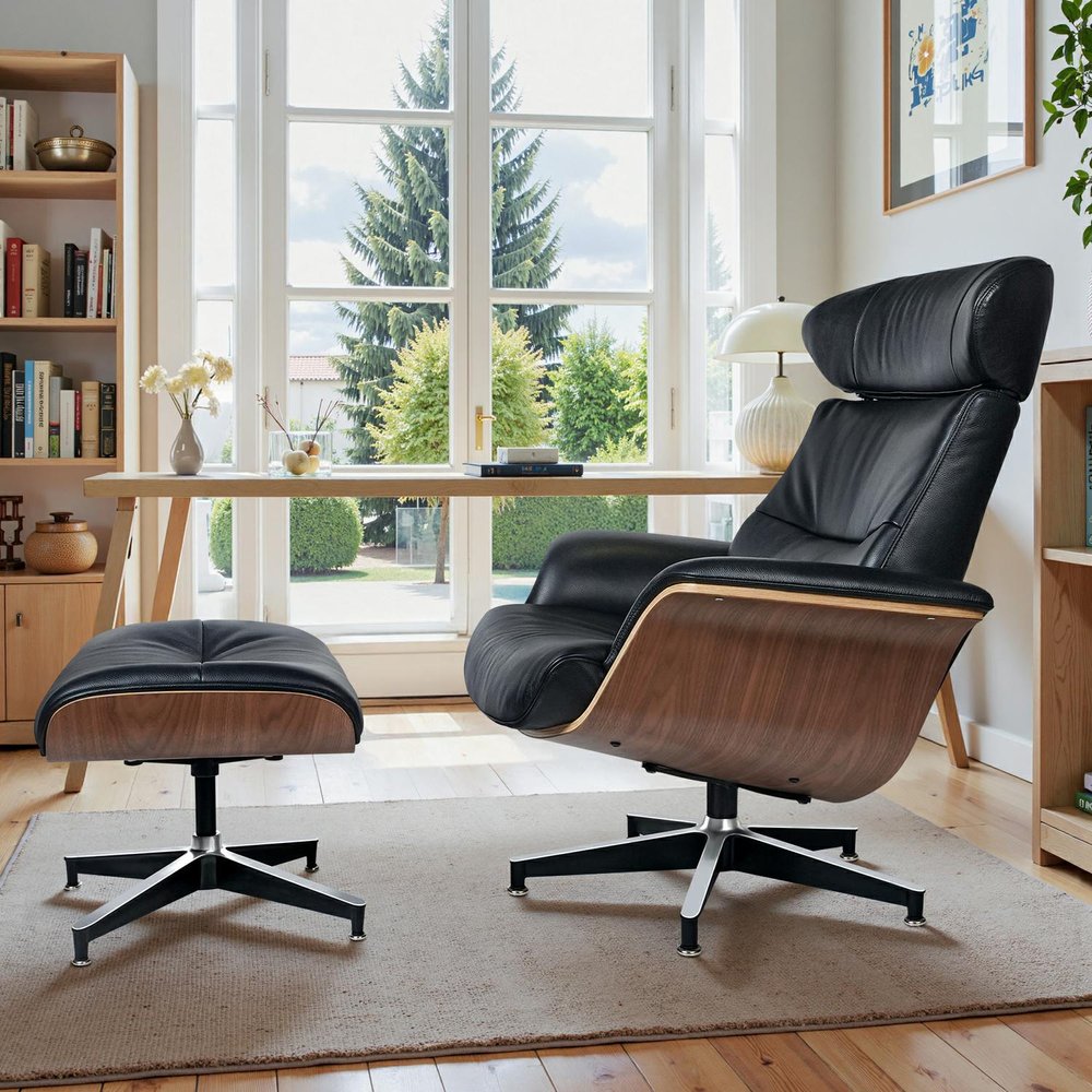 33" Black and Walnut Leather And Wood Swivel Lounge Chair With Ottoman