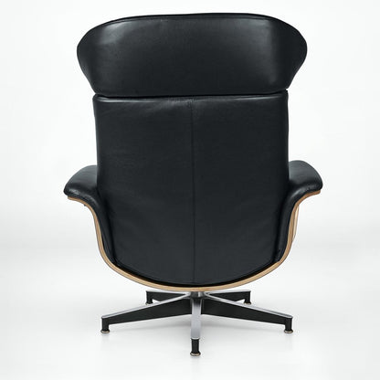 33" Black and Walnut Leather And Wood Swivel Lounge Chair With Ottoman