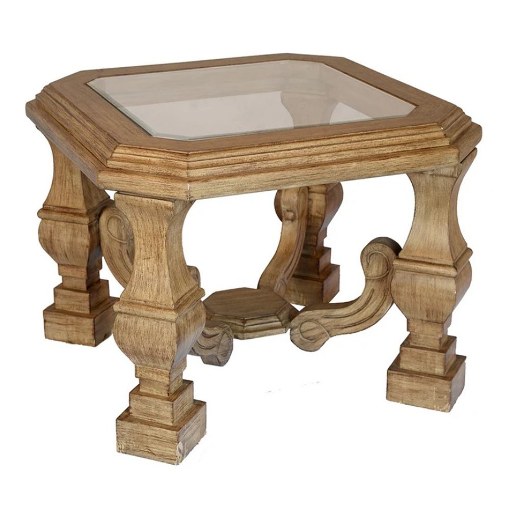 24" Light Brown And Clear Wood And Glass Square End Table
